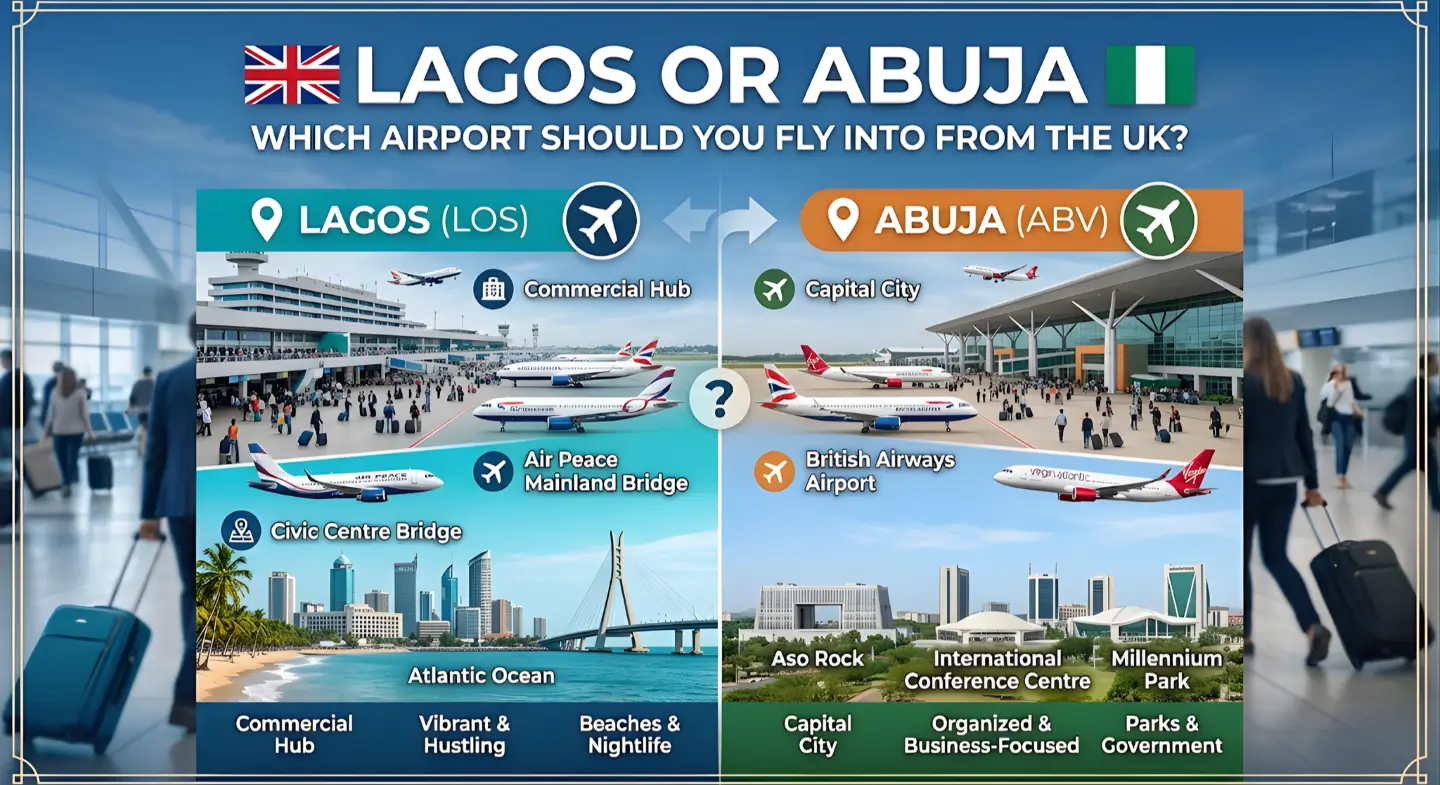Comparison map of Murtala Muhammed Airport Lagos and Nnamdi Azikiwe Airport Abuja for UK travelers - good flights